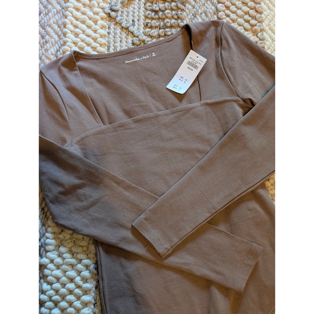 NWT Abercrombie & Fitch Square Neck Long Sleeve Bodysuit Taupe Brown M